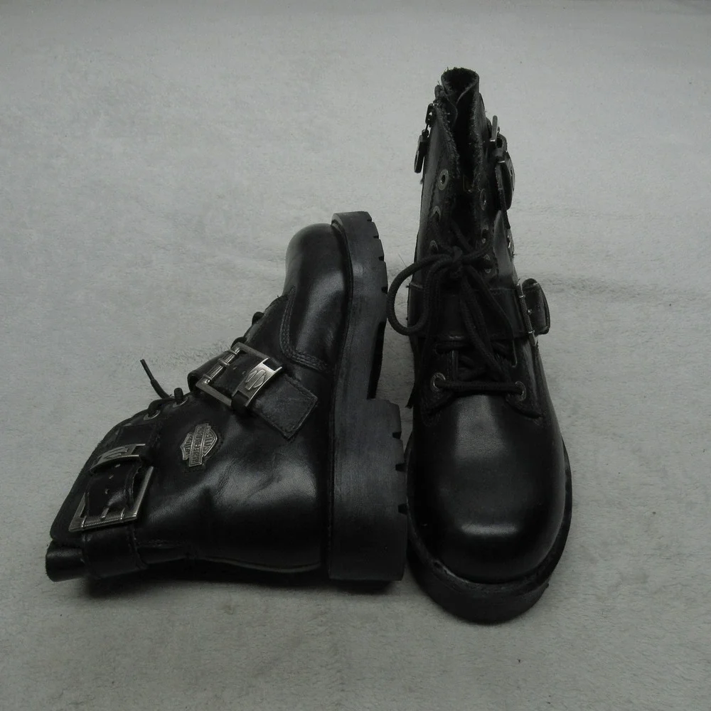 Harley Davidson Men 7.5 Moto Boots Black Leather Buckle Side Zip Lug Sole Travel